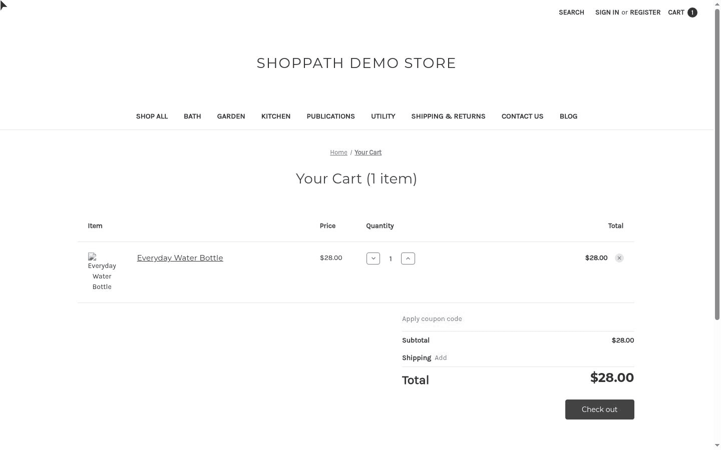 The same bottle in the demo store cart at $28, with a broken image icon instead of its thumbnail.