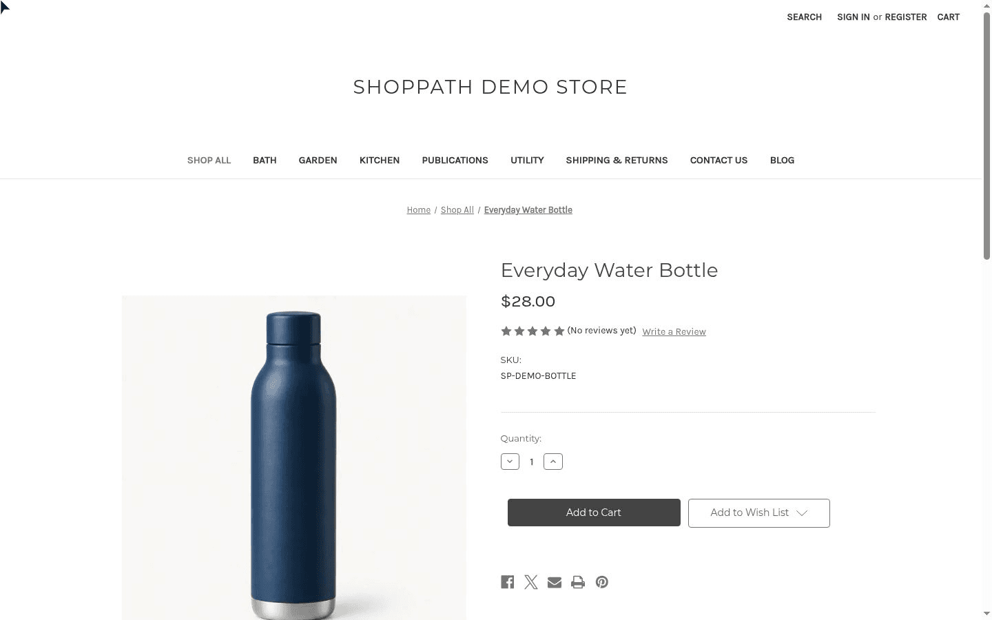 ShopPath Demo Store product page with the Everyday Water Bottle image, a $28 price and Add to Cart.